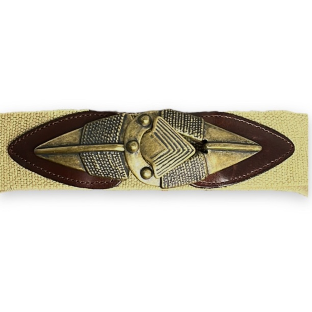 Omega Women’s Stretch Belt size Medium Tribal Boho Leather Brass Arrowhead